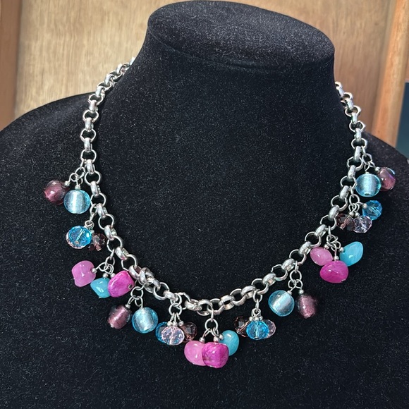 Silver tone Statement Necklace with faceted multi colored glass bead dangles - Picture 2 of 4